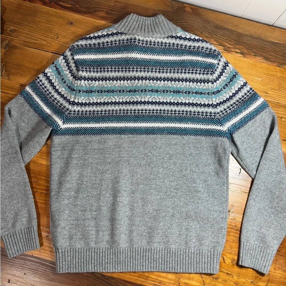 Lands End Men’s Fair Isle Quarter Zip Gray, blue, cotton wool blend Size M 38-40